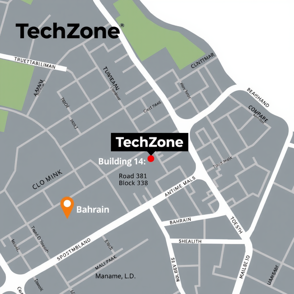 Map showing TechZone Bahrain location at Building 14, Road 381, Block 338, Manama, Bahrain with nearby landmarks and streets clearly marked