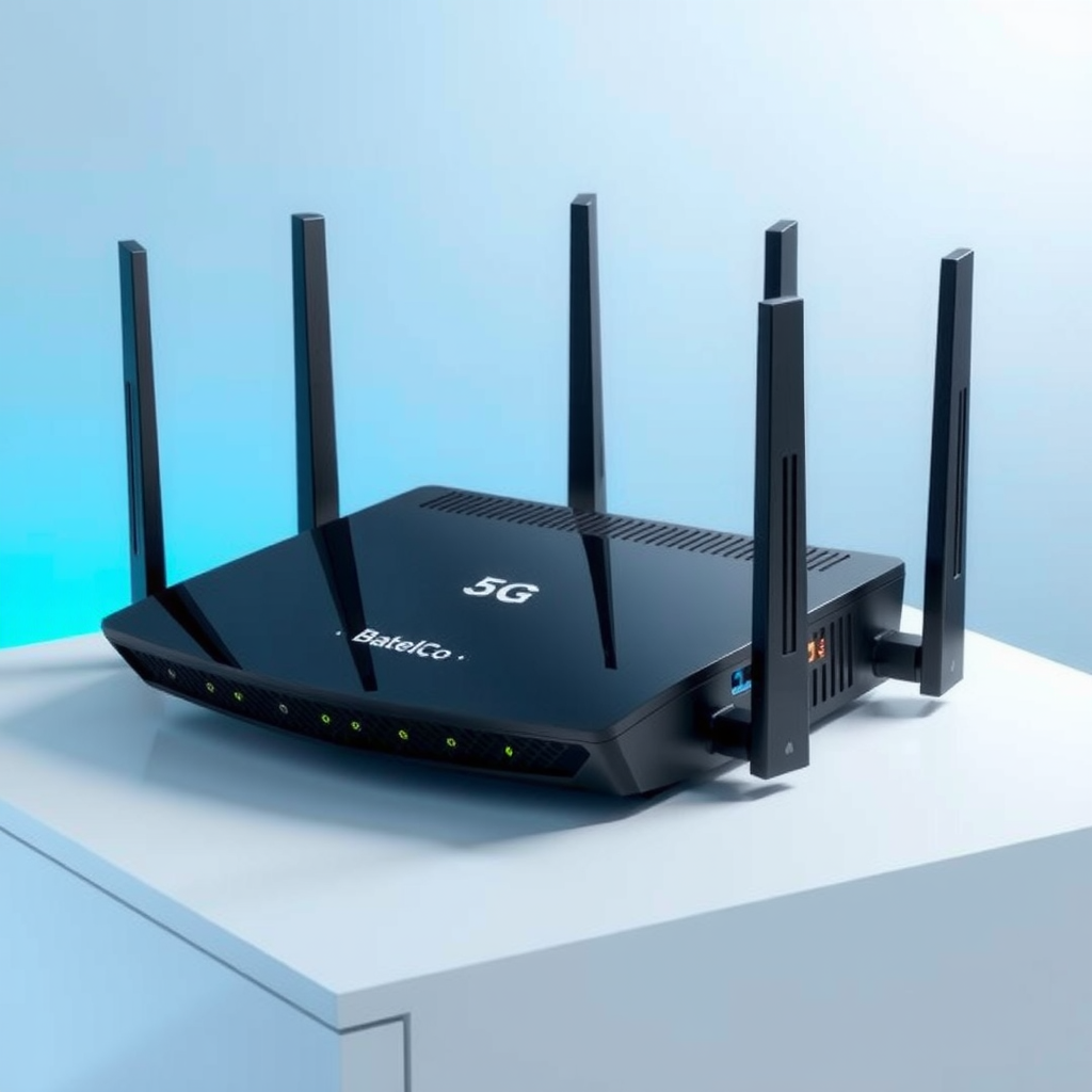 Modern 5G router with sleek black design, LED indicators, and multiple antennas displayed on a clean white surface with soft blue lighting, showcasing Batelco's latest networking technology