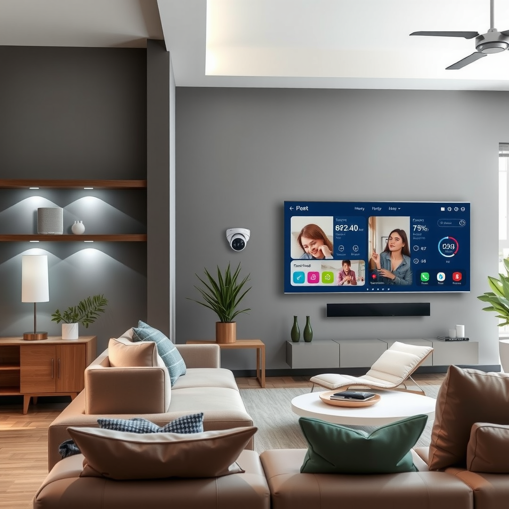 Modern living room featuring integrated smart home devices including smart speakers on shelves, automated lighting fixtures, smart display on wall showing home controls, and connected security camera, all seamlessly blended into contemporary interior design with comfortable furniture and natural lighting