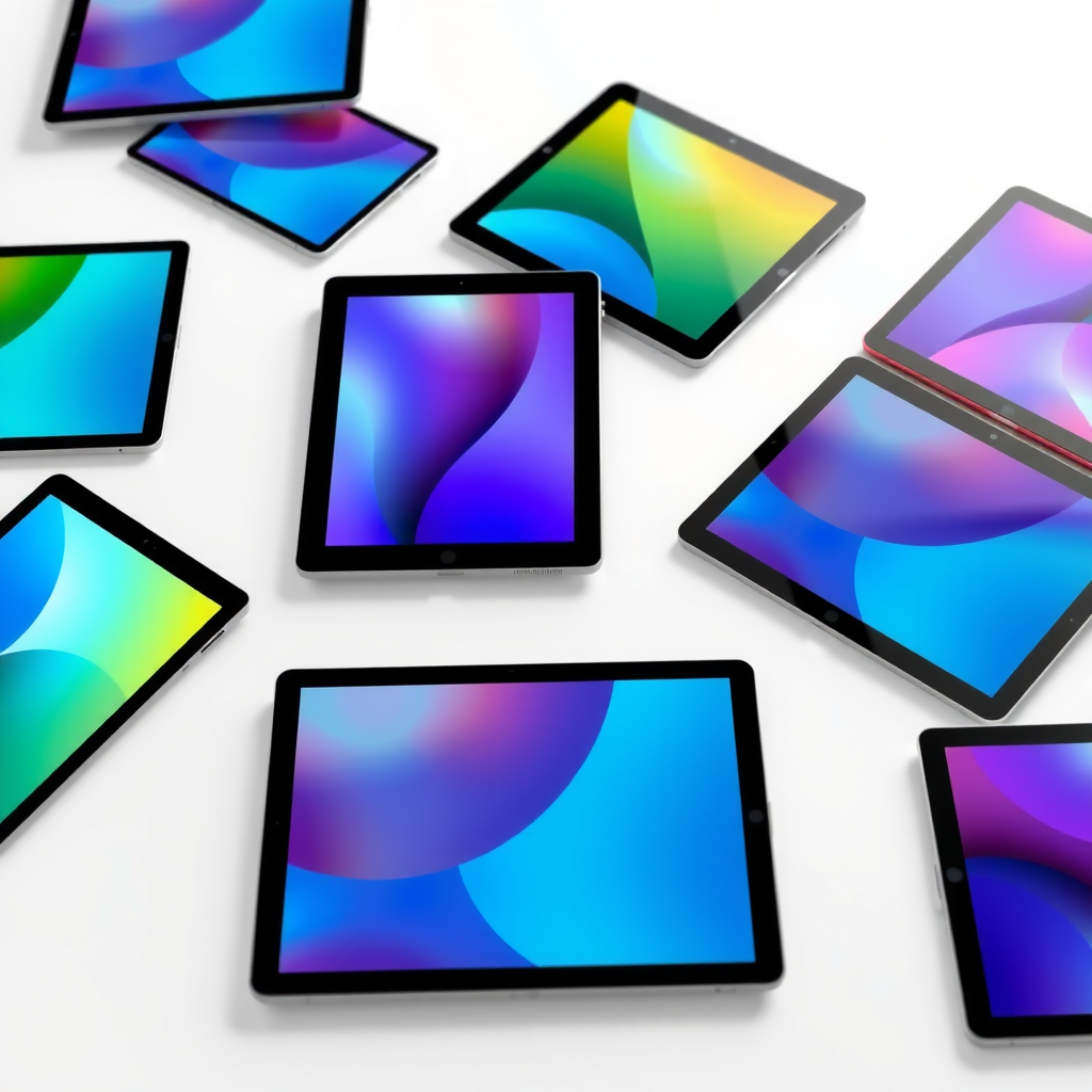 Collection of modern tablets displaying various screen sizes and designs, arranged on a clean white surface with soft lighting highlighting their sleek profiles and vibrant displays