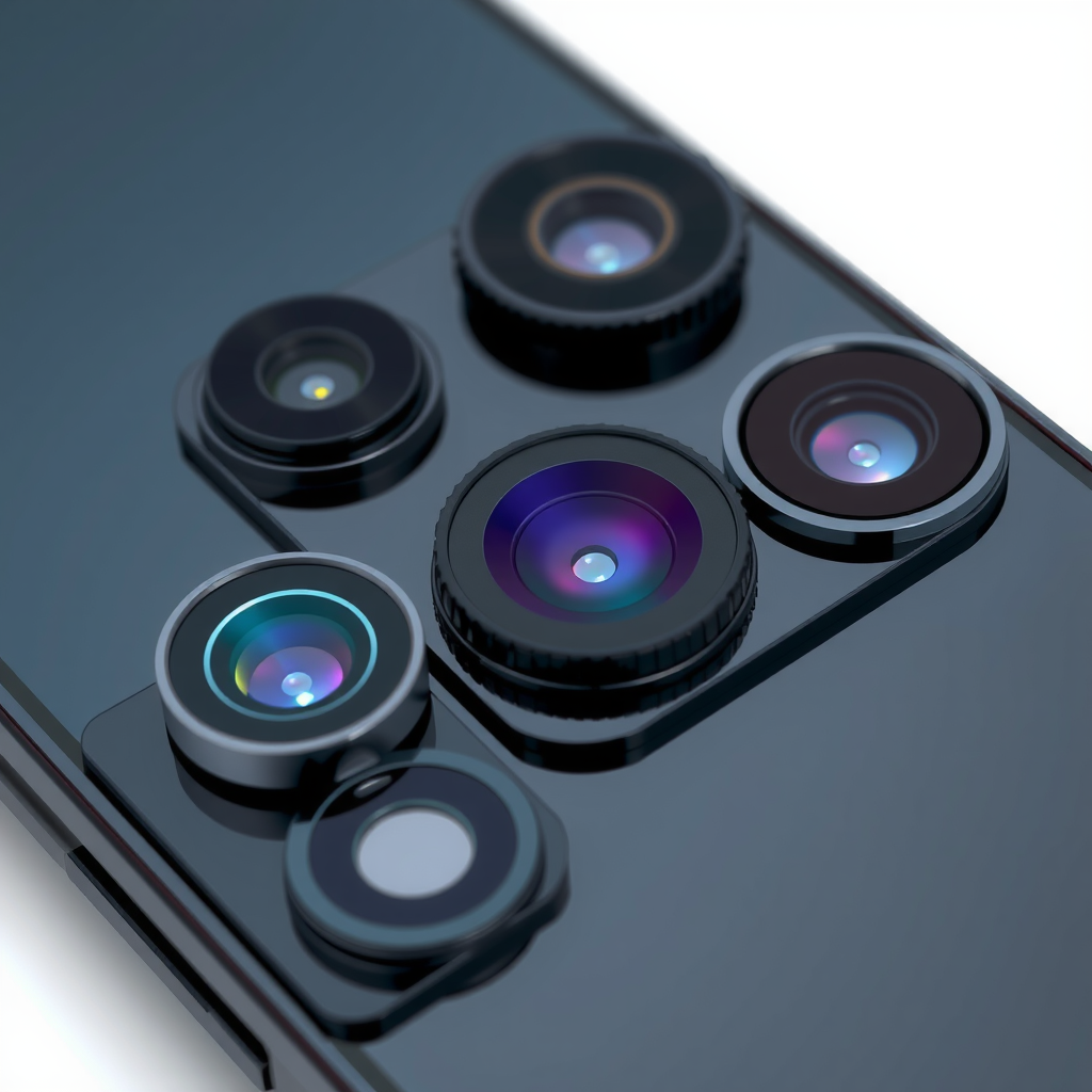 Close-up view of a modern smartphone showcasing multiple camera lenses arranged in a sophisticated array, with visible sensor technology and premium glass elements, highlighting the advanced multi-lens system used in contemporary mobile photography