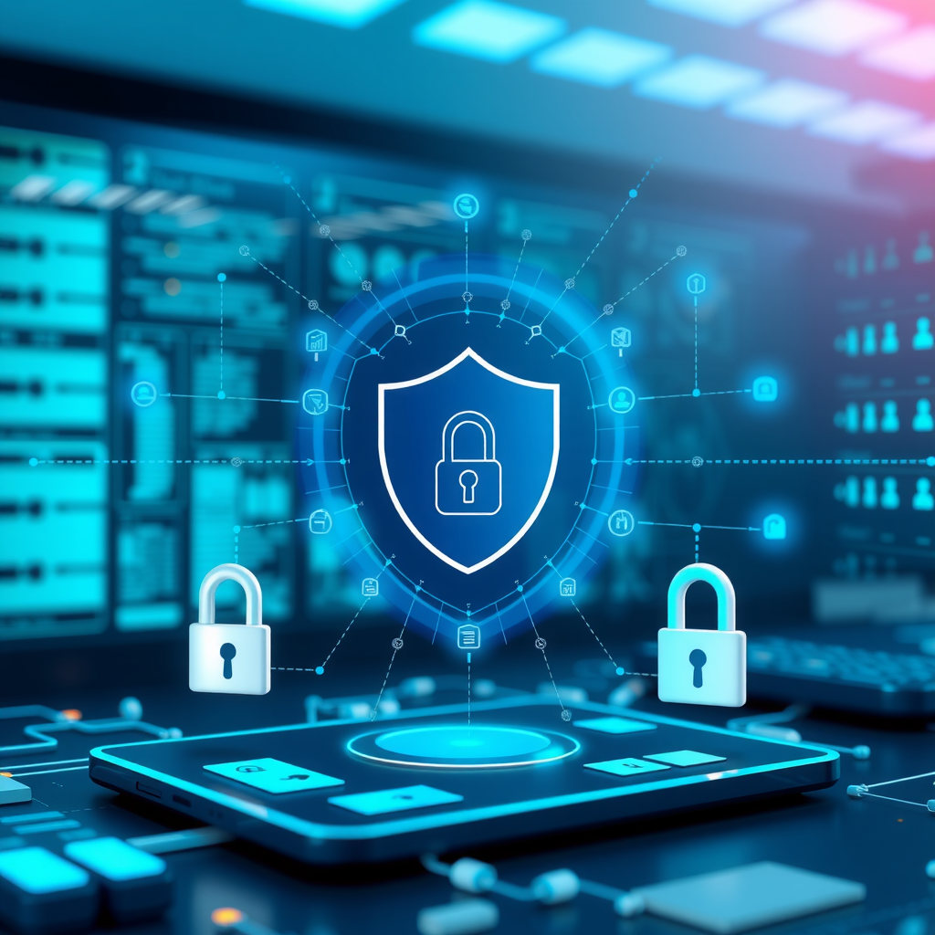 Modern digital privacy concept showing secure data protection with shield icons, encrypted connections, and user data security symbols in a clean tech environment with blue and teal color scheme