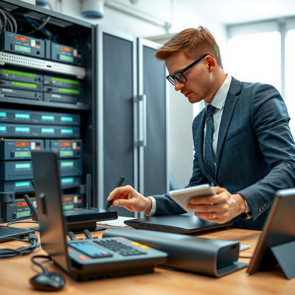 Professional network consultant analyzing router placement and connectivity setup with modern networking equipment, tablets, and diagnostic tools in a bright contemporary office space