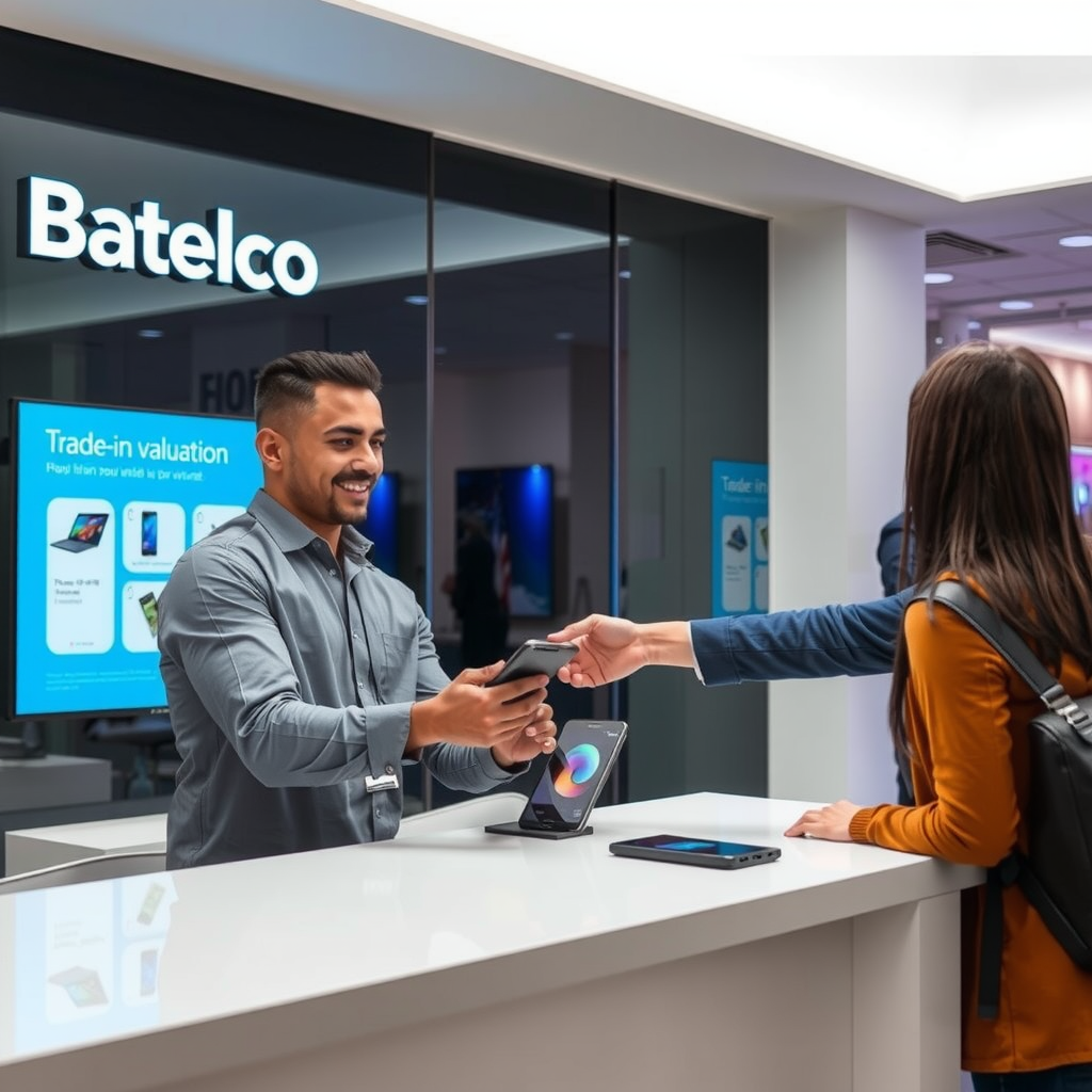 Modern smartphone trade-in process showing customer handing over their current device to a Batelco representative at a clean, contemporary service counter with digital valuation screens displaying device assessment details and upgrade options