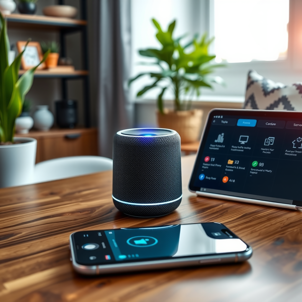 Close-up of smart speaker hub on wooden table with glowing LED ring indicating active listening mode, smartphone displaying smart home control app interface showing connected devices, tablet showing automation schedules, all arranged in modern home office setting with natural window light