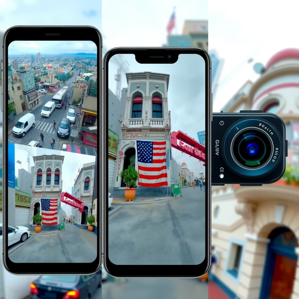 Side-by-side comparison showing three different smartphone camera perspectives - ultra-wide angle capturing a vast cityscape, standard wide angle showing a balanced street scene, and telephoto zoom focusing on architectural details, demonstrating the versatility of multi-lens camera systems