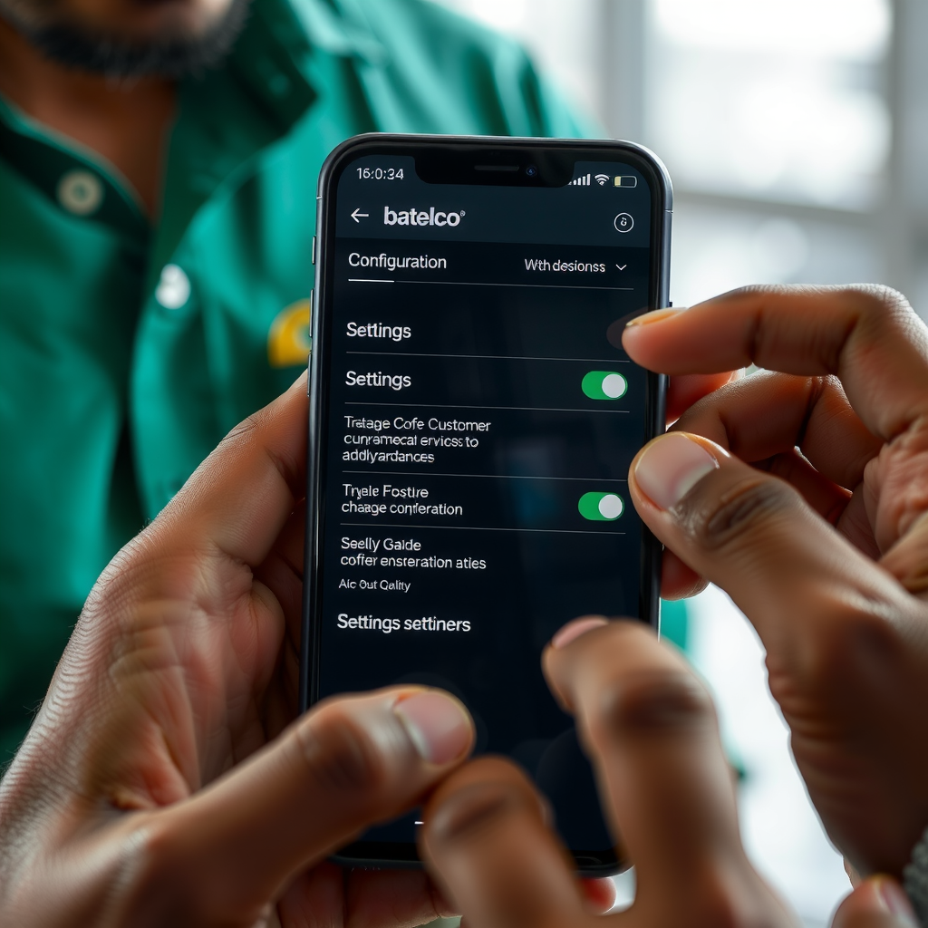 Detailed view of smartphone screen during setup process with Batelco technician's hands guiding customer through configuration options and settings menu