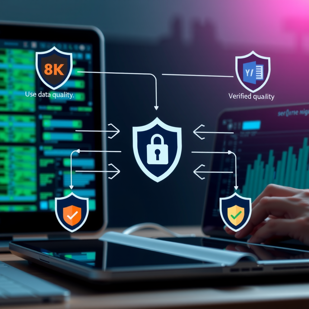 Secure data migration process showing encrypted transfer between devices with security shields, progress bars, and verification checkmarks ensuring data integrity