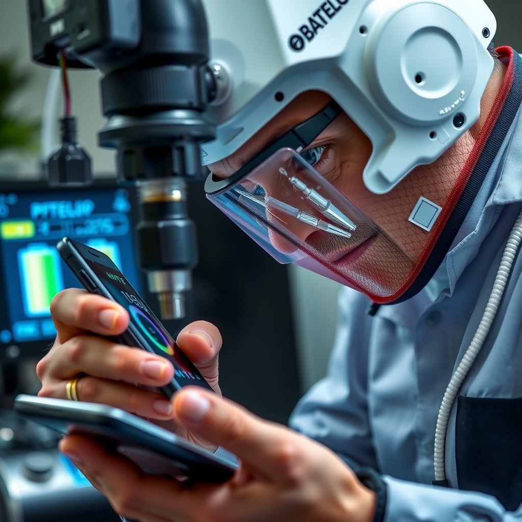 Close-up of a Batelco technician carefully examining a smartphone using specialized diagnostic tools and equipment, checking screen quality, battery health indicators on a digital display, and documenting device condition on a tablet