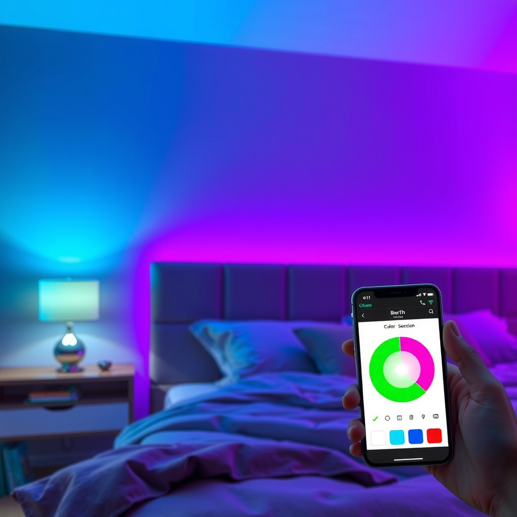 Bedroom showcasing smart lighting system with color-changing LED bulbs creating ambient purple and blue gradient lighting, bedside smart lamp with touch controls, LED light strip behind headboard, smartphone app showing color wheel and scene selection interface, demonstrating various lighting moods and color options