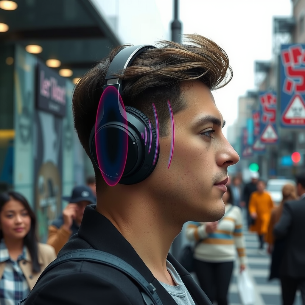 Person wearing premium over-ear headphones in a busy urban environment, with visual effects showing sound waves being blocked and cancelled, demonstrating active noise cancellation technology in action