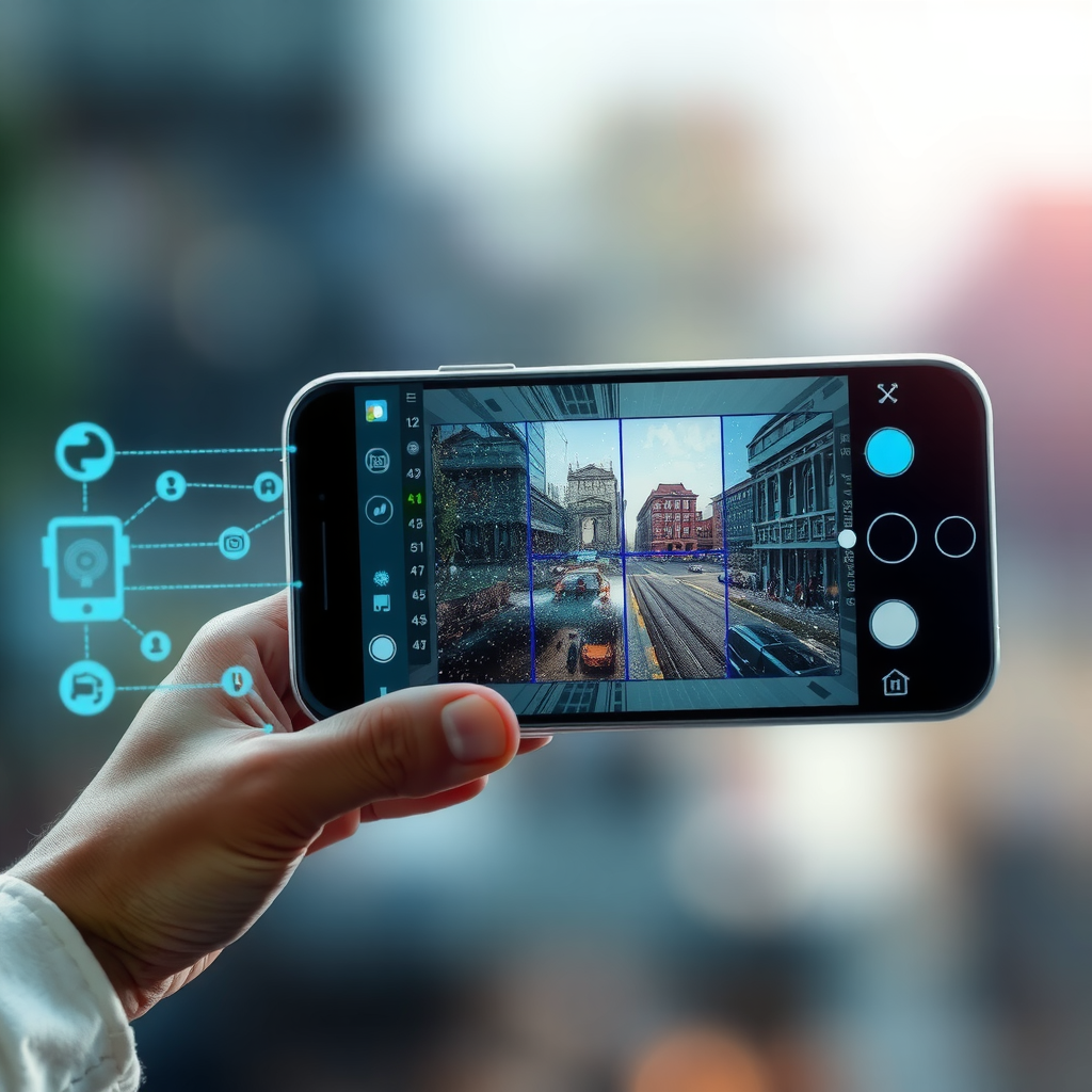 Abstract visualization showing a smartphone processing multiple image layers simultaneously, with visible AI neural network patterns analyzing scene elements, demonstrating computational photography algorithms working to enhance image quality through machine learning and multi-frame processing