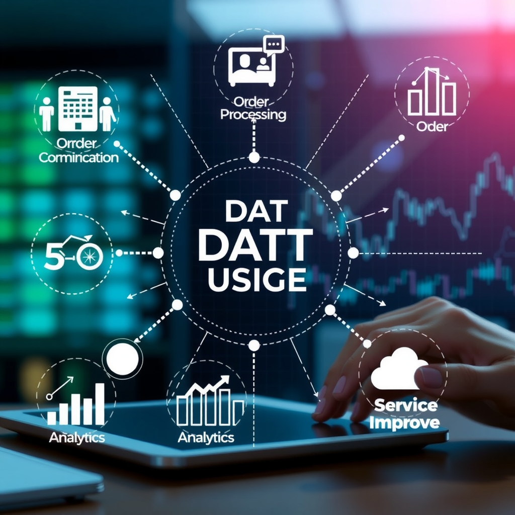 Visual representation of data usage showing various business processes including order processing, customer communication, analytics, and service improvement with interconnected digital elements