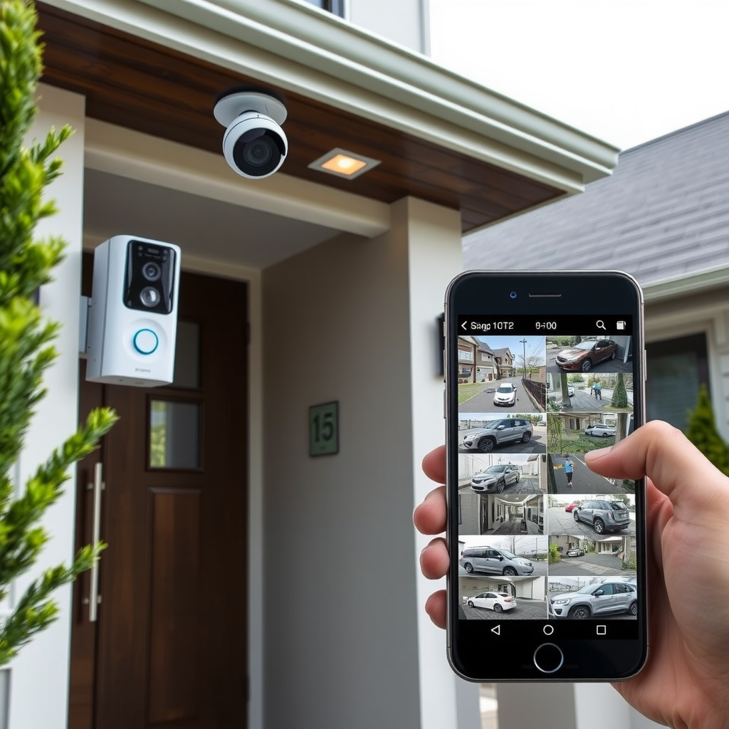 Exterior view of modern home entrance with smart doorbell camera mounted beside front door, outdoor security camera under eave monitoring driveway, smartphone displaying live camera feeds in grid view showing multiple camera angles, motion detection alerts visible on screen, demonstrating comprehensive home security monitoring system