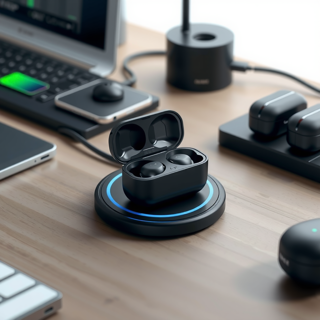 Sleek wireless earbud charging case on a wireless charging pad, with LED indicators showing battery status, surrounded by modern tech accessories on a minimalist desk setup