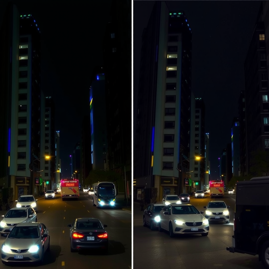 Split-screen comparison showing the same nighttime urban scene captured with and without night mode, demonstrating dramatic improvements in detail visibility, color accuracy, and noise reduction in the night mode version, with visible street lights, building details, and natural color rendering
