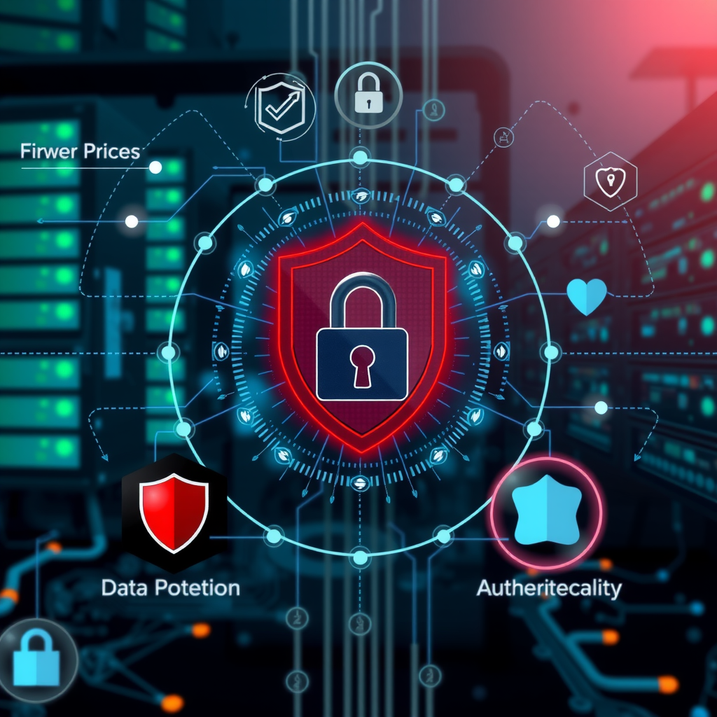 Cybersecurity concept showing multiple layers of data protection including encryption, firewalls, secure servers, and authentication systems with modern security icons and shield symbols