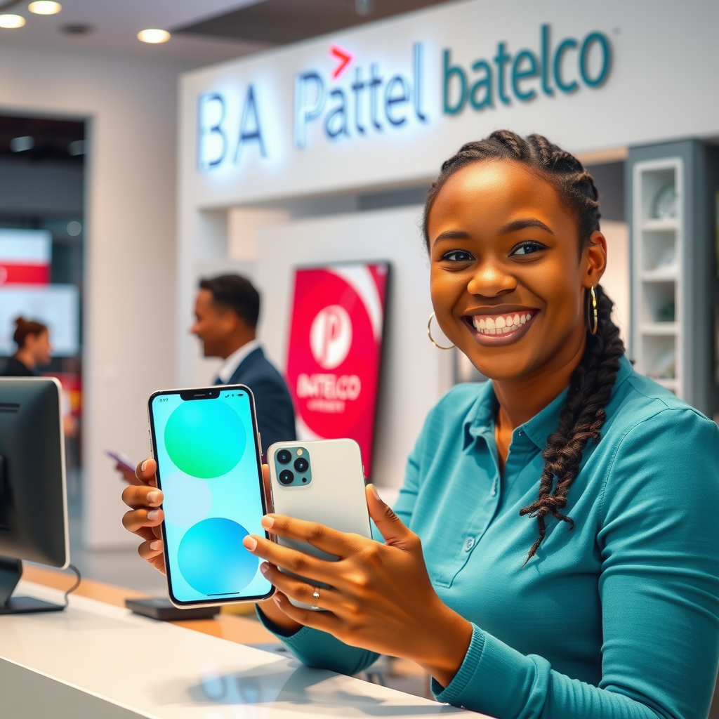 Happy Batelco customer smiling while holding their new smartphone after completing a successful device trade-in, with a Batelco staff member in the background at a modern retail counter, bright and welcoming store environment