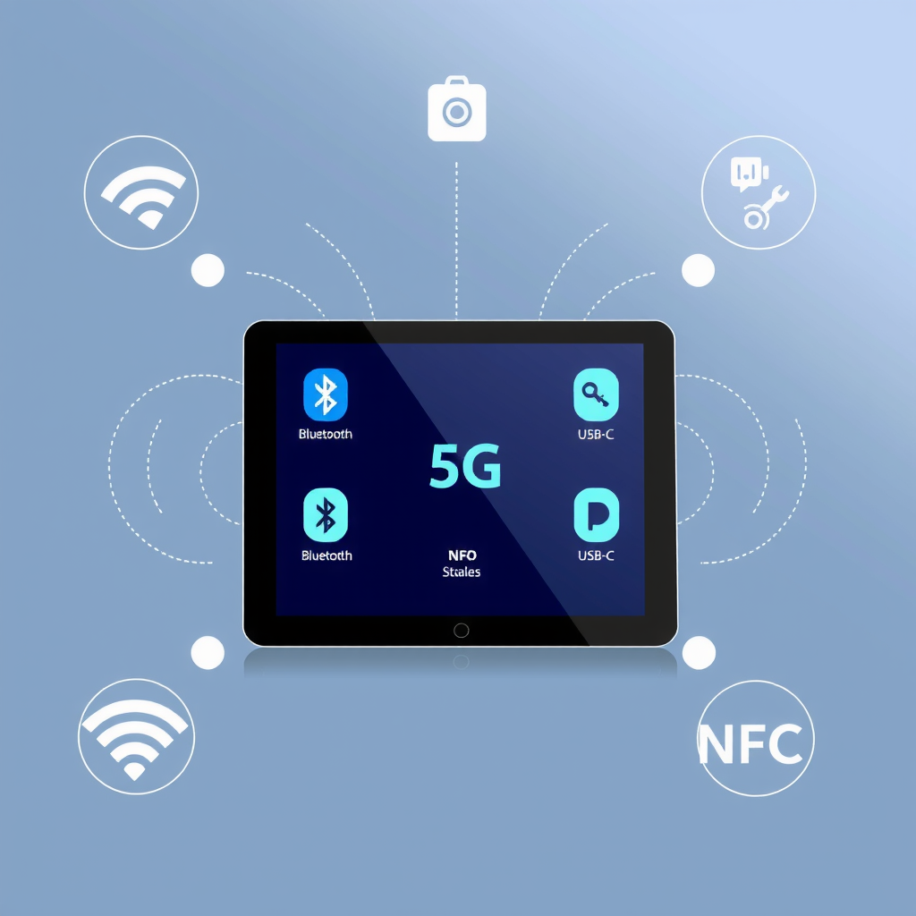 Modern illustration showing various connectivity icons including WiFi, Bluetooth, 5G, USB-C, and NFC symbols arranged around a tablet device with signal waves and connection indicators