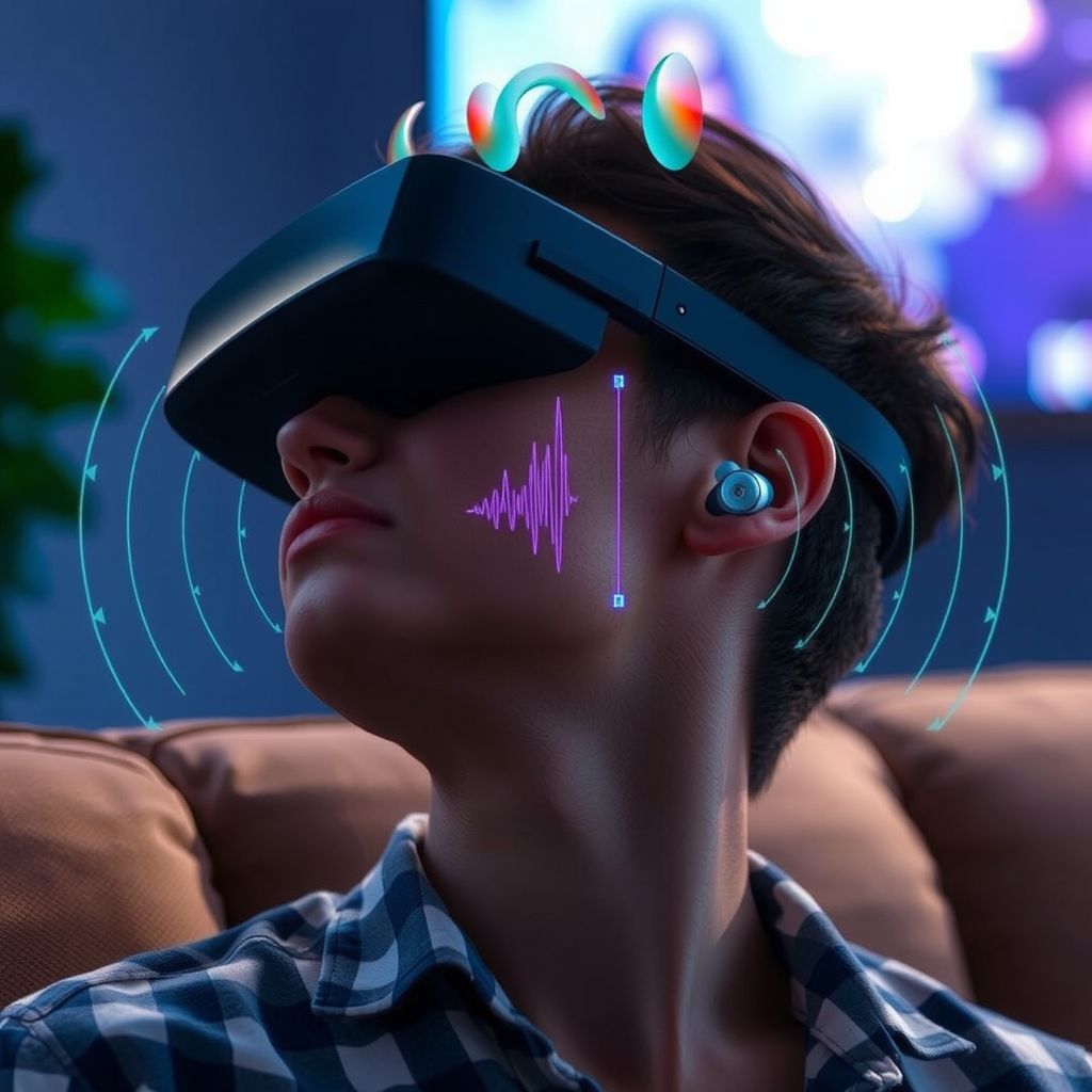 Person enjoying immersive entertainment with wireless earbuds, with visual representation of 3D sound waves and directional audio indicators surrounding them, showing spatial audio technology in use