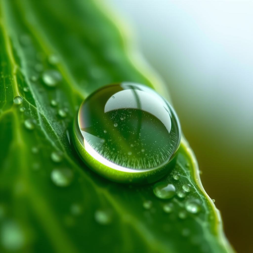 Extreme close-up macro photograph captured with a smartphone showing intricate details of a water droplet on a leaf, with visible surface texture, light refraction, and sharp focus demonstrating the advanced macro photography capabilities of modern smartphone cameras