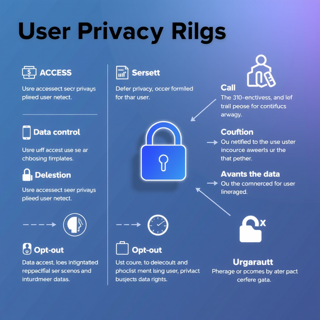 User privacy rights illustration showing various data control options including access, correction, deletion, and opt-out choices with modern interface elements and user-friendly icons