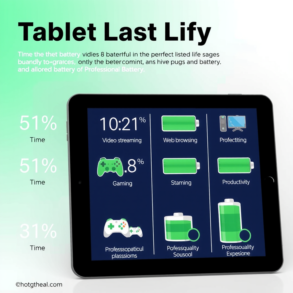 Infographic showing tablet battery life across different usage scenarios including video streaming, web browsing, gaming, and productivity tasks with time indicators and battery percentage visualizations