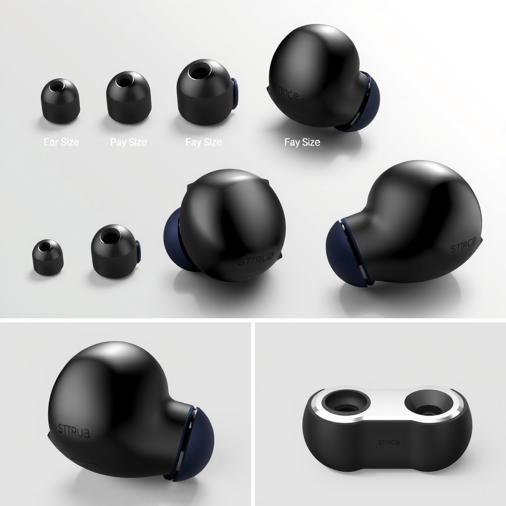 Detailed product photography showing various ear tip sizes and ergonomic design features of premium wireless earbuds, with cross-section views highlighting comfort-focused engineering and materials