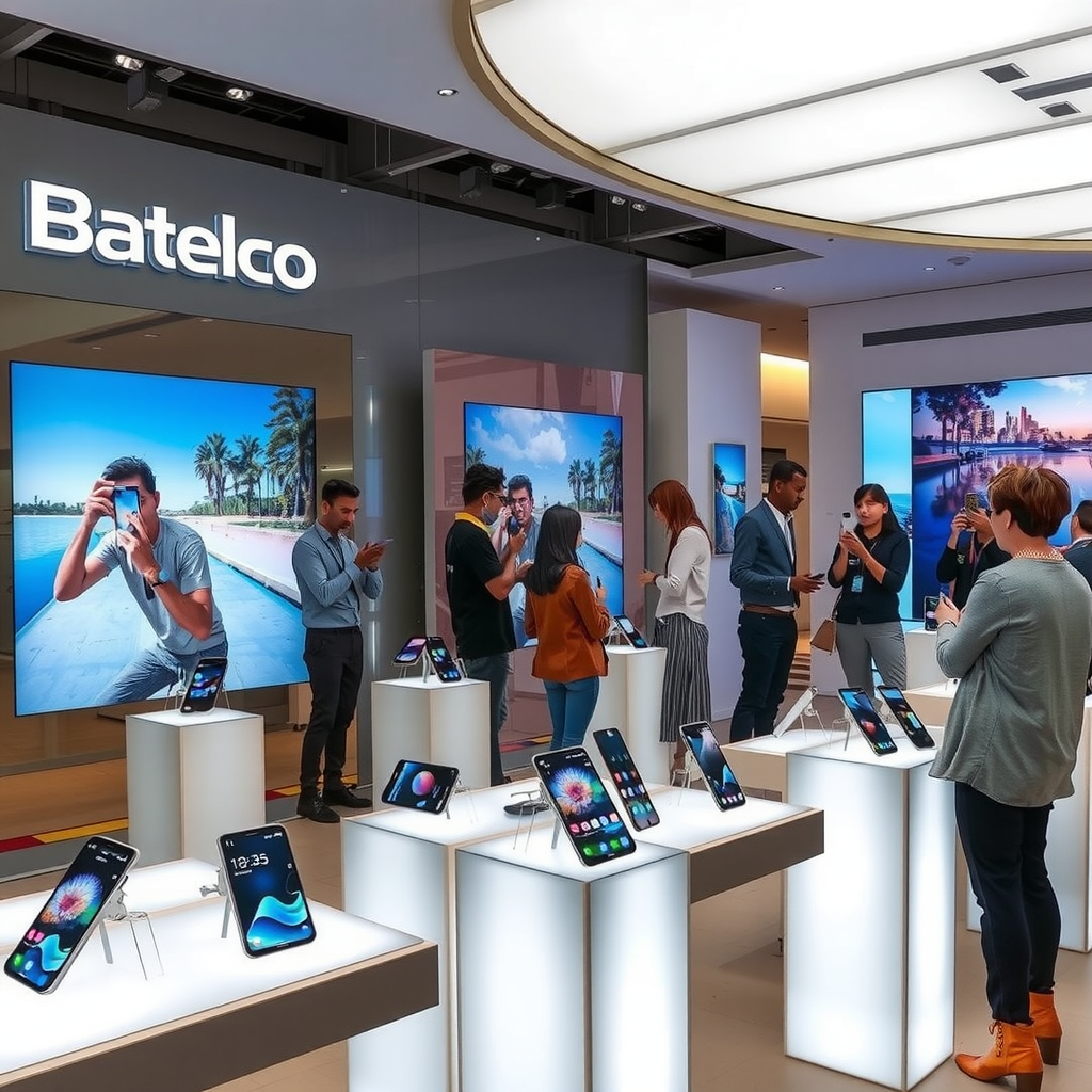 Modern Batelco retail store interior showing an elegant display of various smartphones arranged on illuminated pedestals, with large sample photos printed on the walls demonstrating camera capabilities, and customers examining devices with assistance from knowledgeable staff members