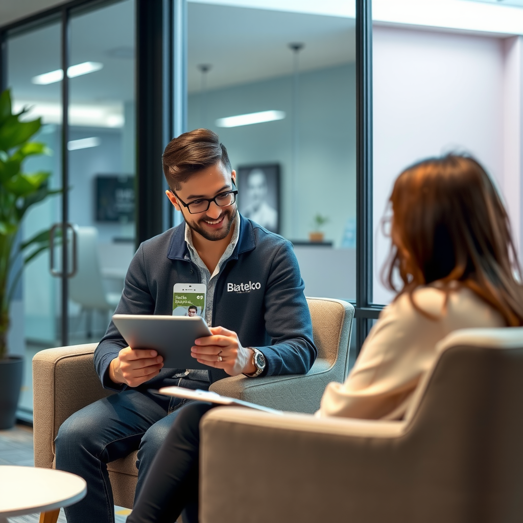 Friendly Batelco specialist conducting personalized device training session with customer, showing tablet features in modern consultation area with comfortable seating