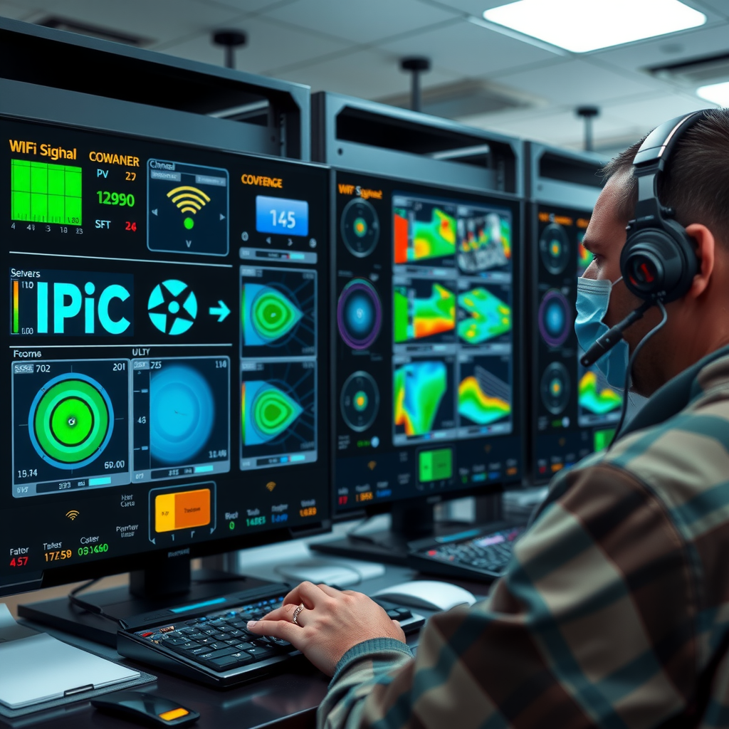 Network technician using professional WiFi signal analyzer displaying real-time signal strength measurements, channel interference analysis, and coverage heat maps across multiple rooms and floors