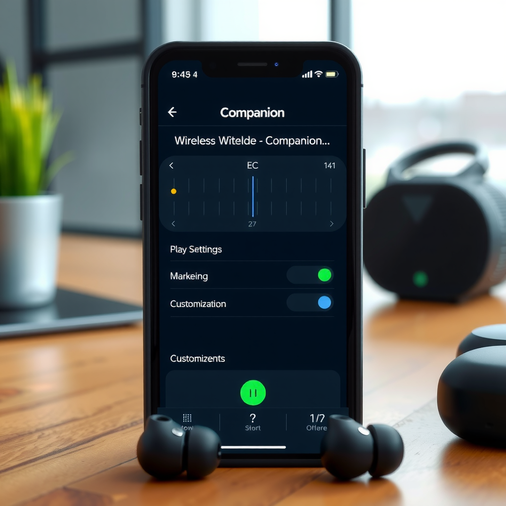 Smartphone screen displaying wireless earbud companion app interface with EQ settings, battery status, and customization options, with the earbuds visible in the background on a modern desk