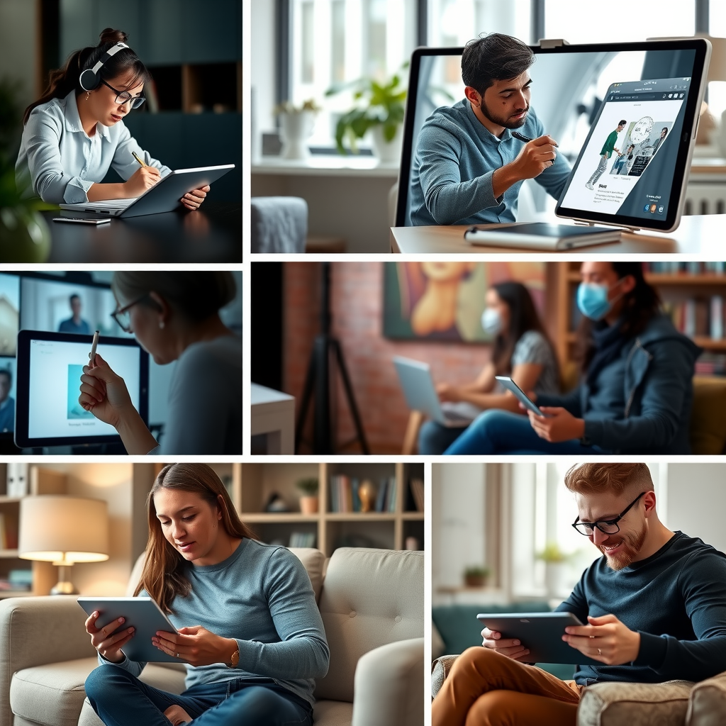 Collage showing various tablet usage scenarios including a student taking notes, professional in video conference, artist drawing digitally, family watching movies, and person reading ebooks in different environments