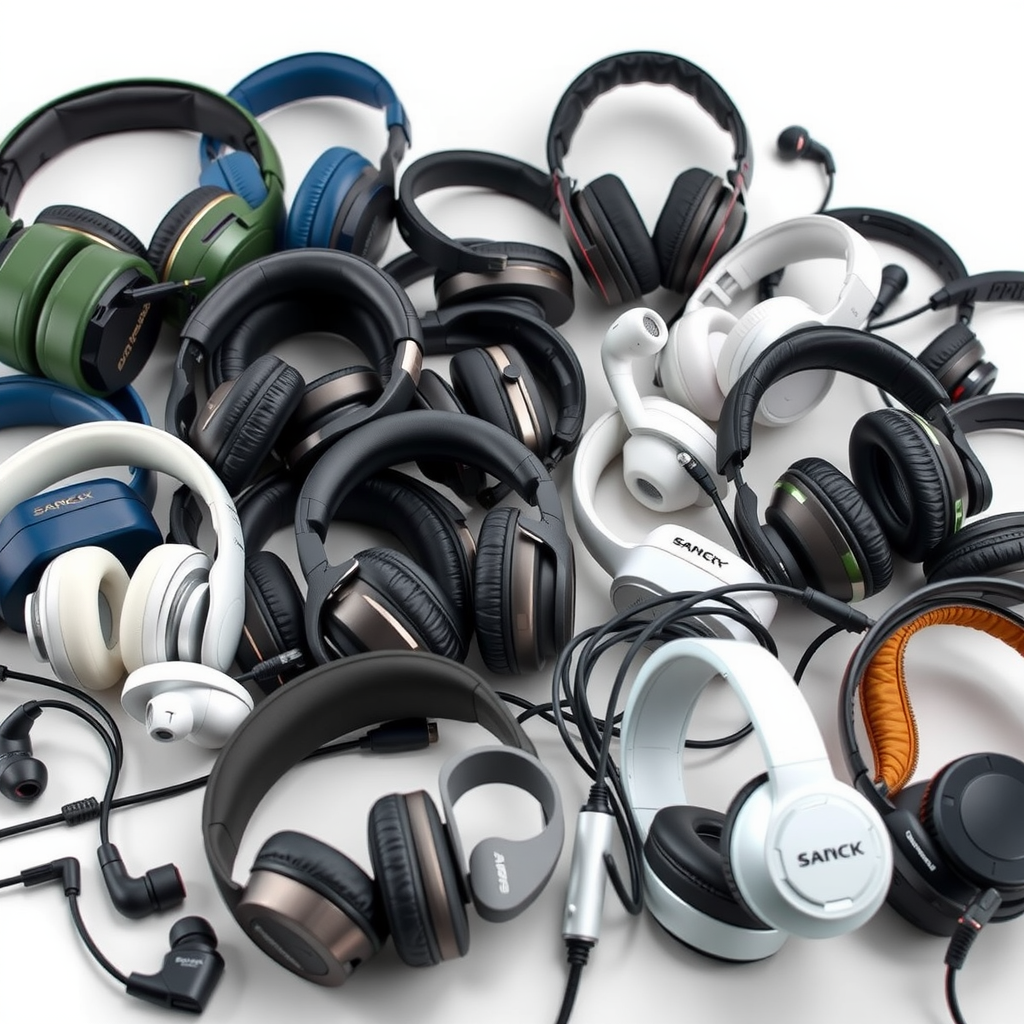 Wide variety of wireless audio accessories displayed together including over-ear headphones, in-ear earbuds, sports models, and gaming headsets, showcasing the diverse range available for different needs and preferences