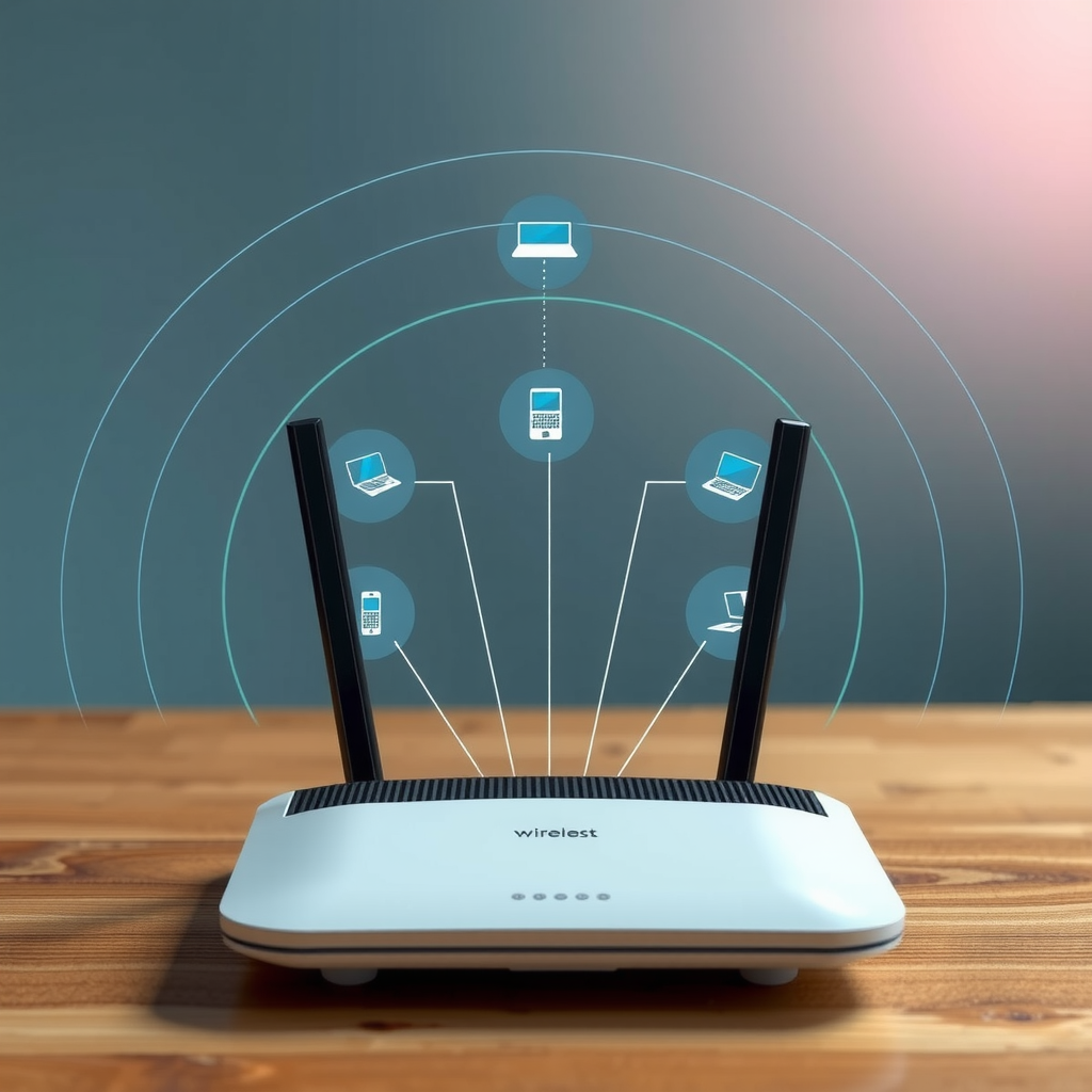 Modern wireless router with signal waves radiating outward, network connectivity diagram showing multiple devices connected, professional home network setup with optimal placement indicators