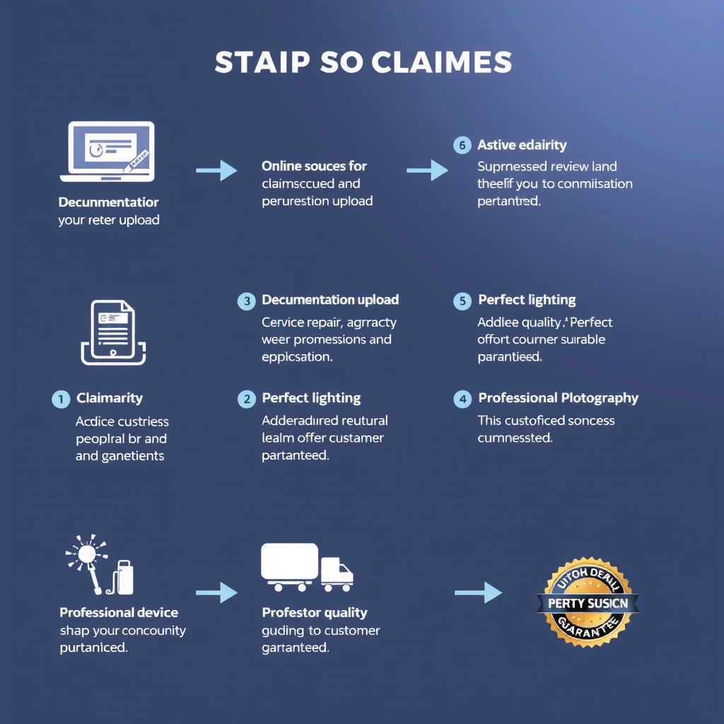 Step-by-step claims process workflow diagram showing online claim submission, documentation upload, claim review and approval, device repair or replacement, and final resolution with customer satisfaction guarantee